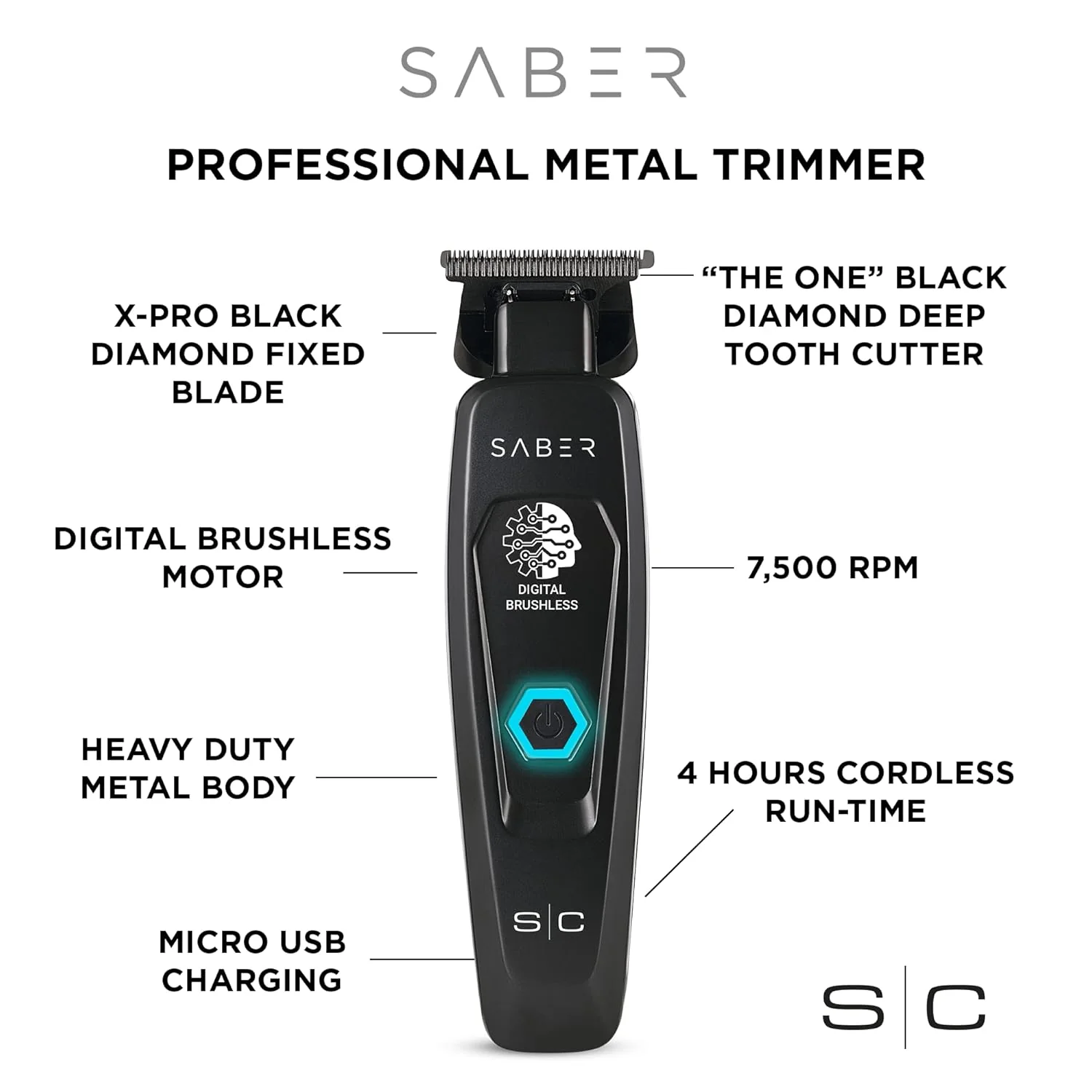 StyleCraft Saber Cordless Digital Brushless Motor Metal Trimmer - Black (SC403B) - Image 8